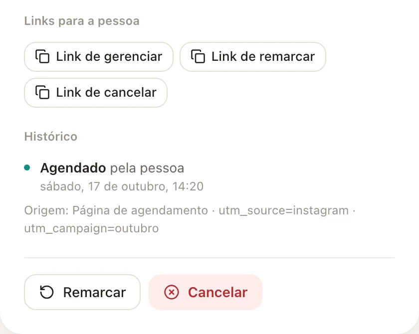 O fim do detalhe: os links para a pessoa, o histórico com a origem e os botões de remarcar e cancelar.