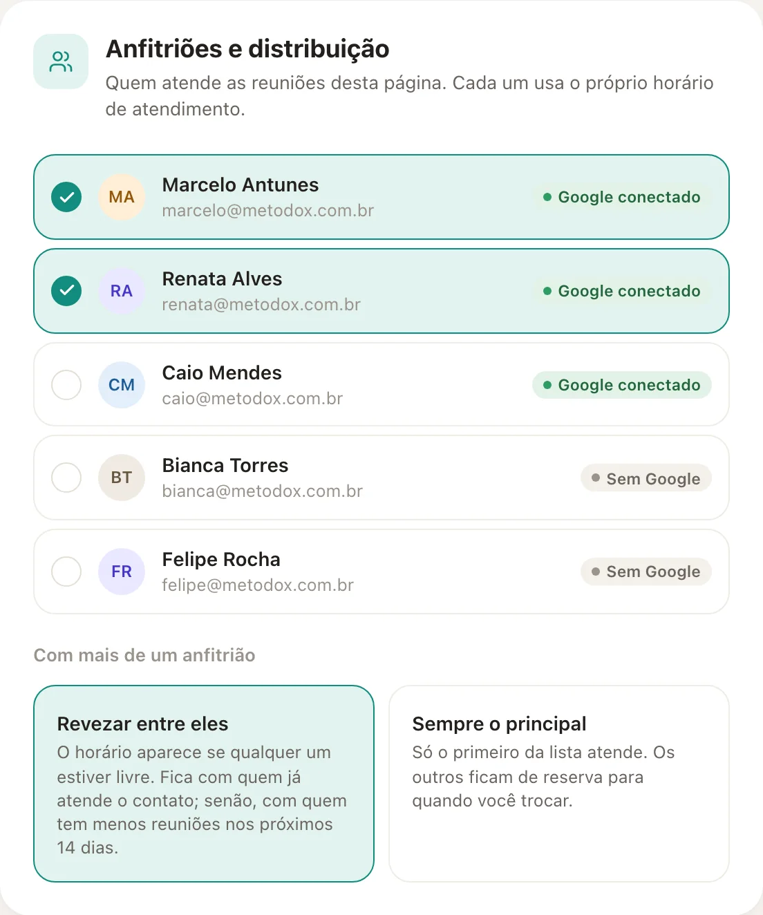 Anfitriões marcados e a escolha de como dividir os agendamentos.