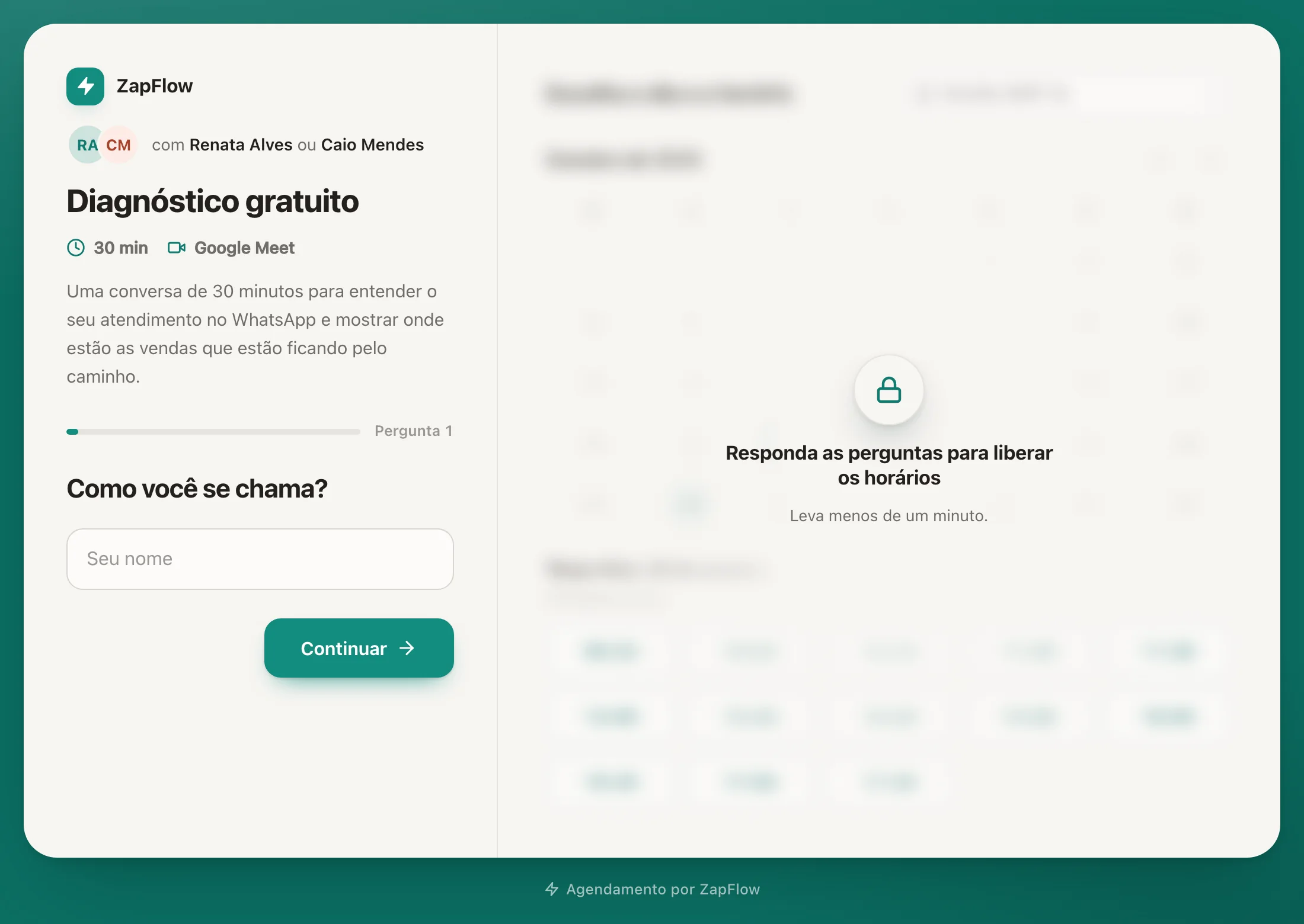 A página pública com a agenda bloqueada: as perguntas à esquerda, os horários embaçados à direita até a pessoa responder.