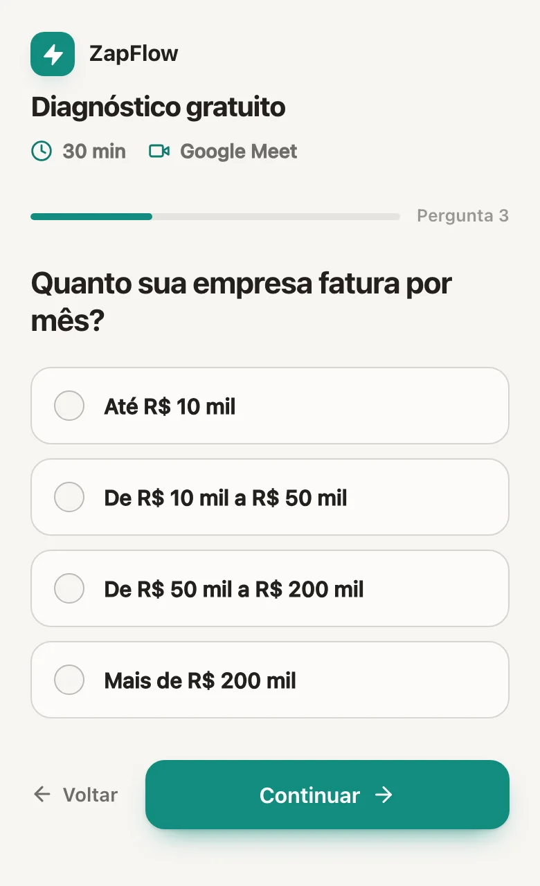 No celular, com o layout Perguntas primeiro, agenda depois: uma pergunta por tela, com a barra de progresso e o botão Voltar.