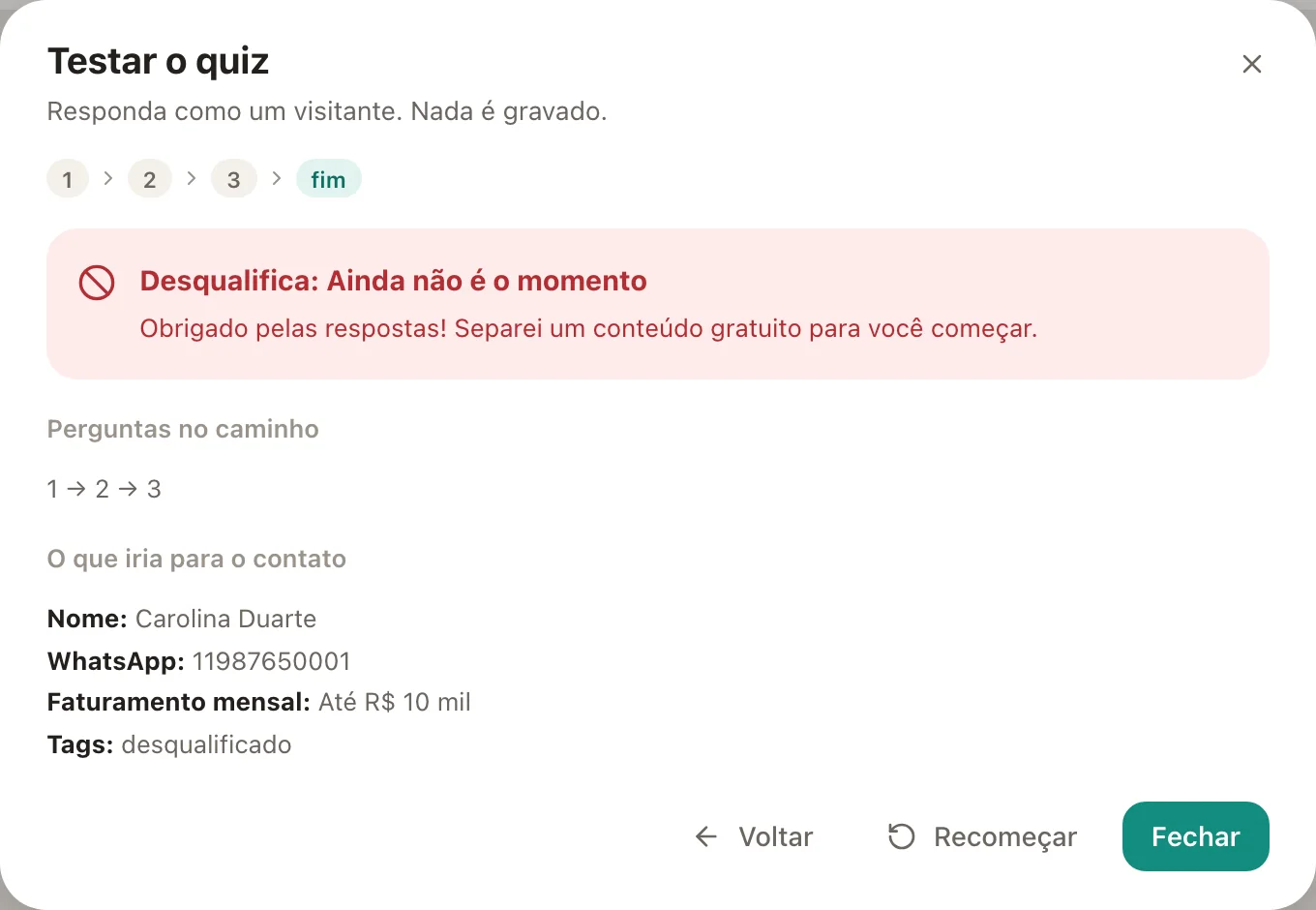 O teste chegou em desqualificar: o caminho foi 1, 2 e 3, e o contato receberia o faturamento e a tag desqualificado.