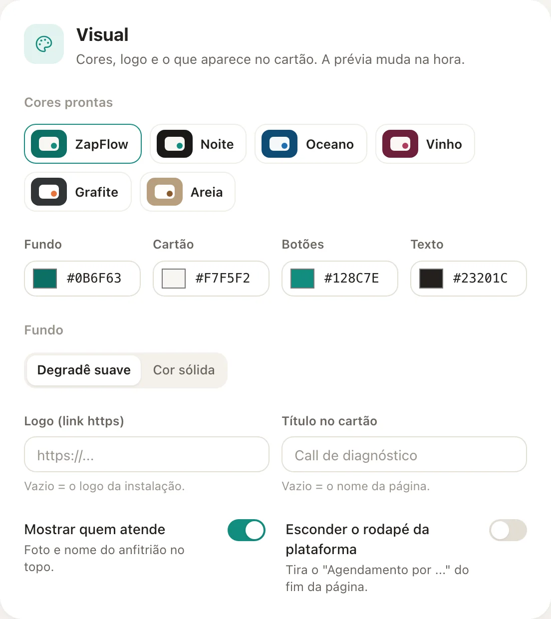 Cores prontas, as quatro cores, o fundo, o logo e o que aparece no cartão.