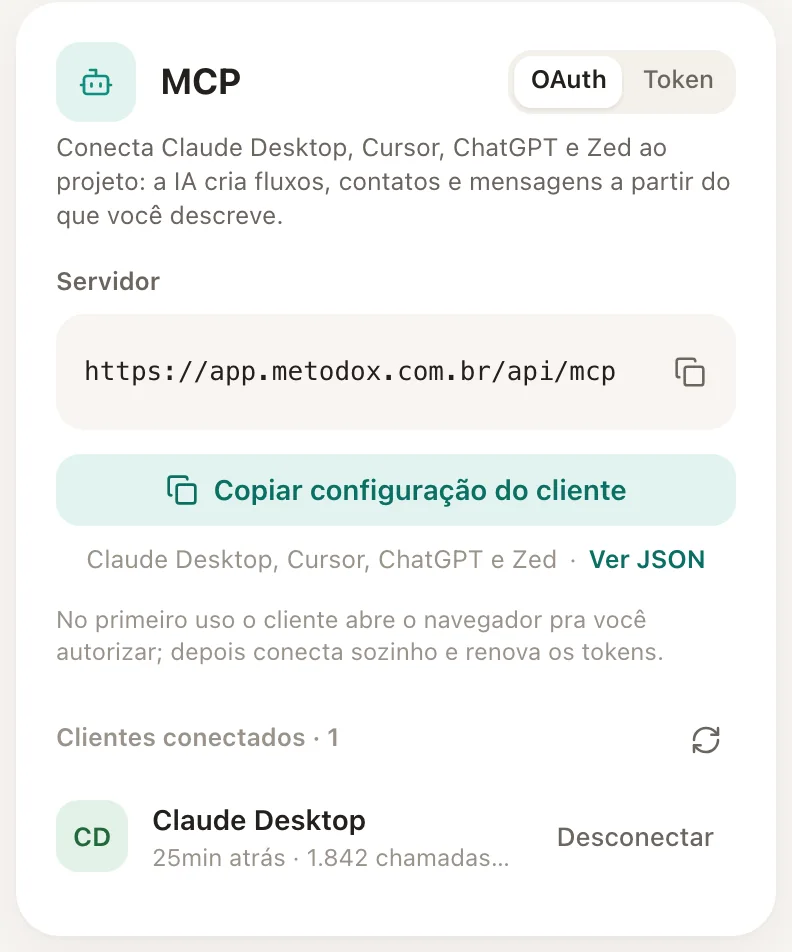 O cartão MCP: URL do servidor, configuração do cliente e clientes conectados.