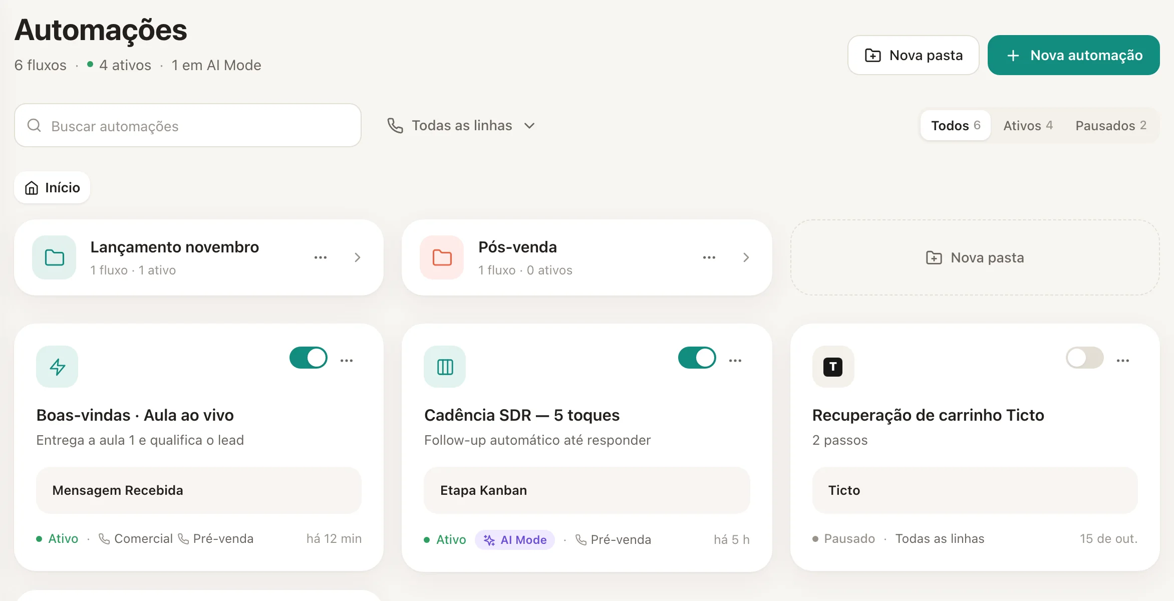 A lista de automações, com o interruptor de cada fluxo e o menu de opções.