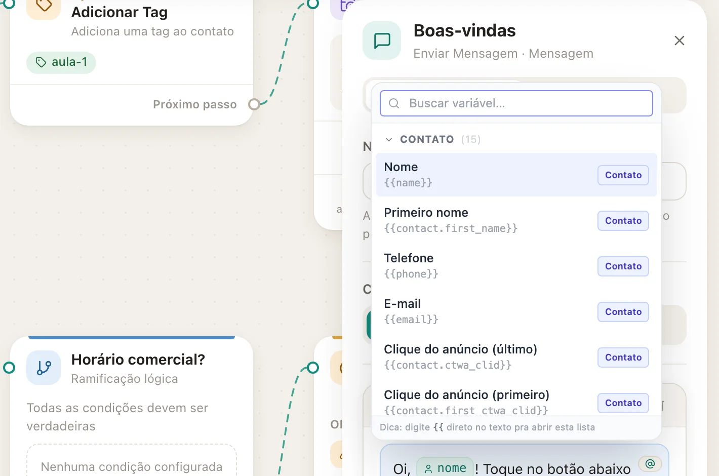 O seletor de variáveis, com a busca e as seções.