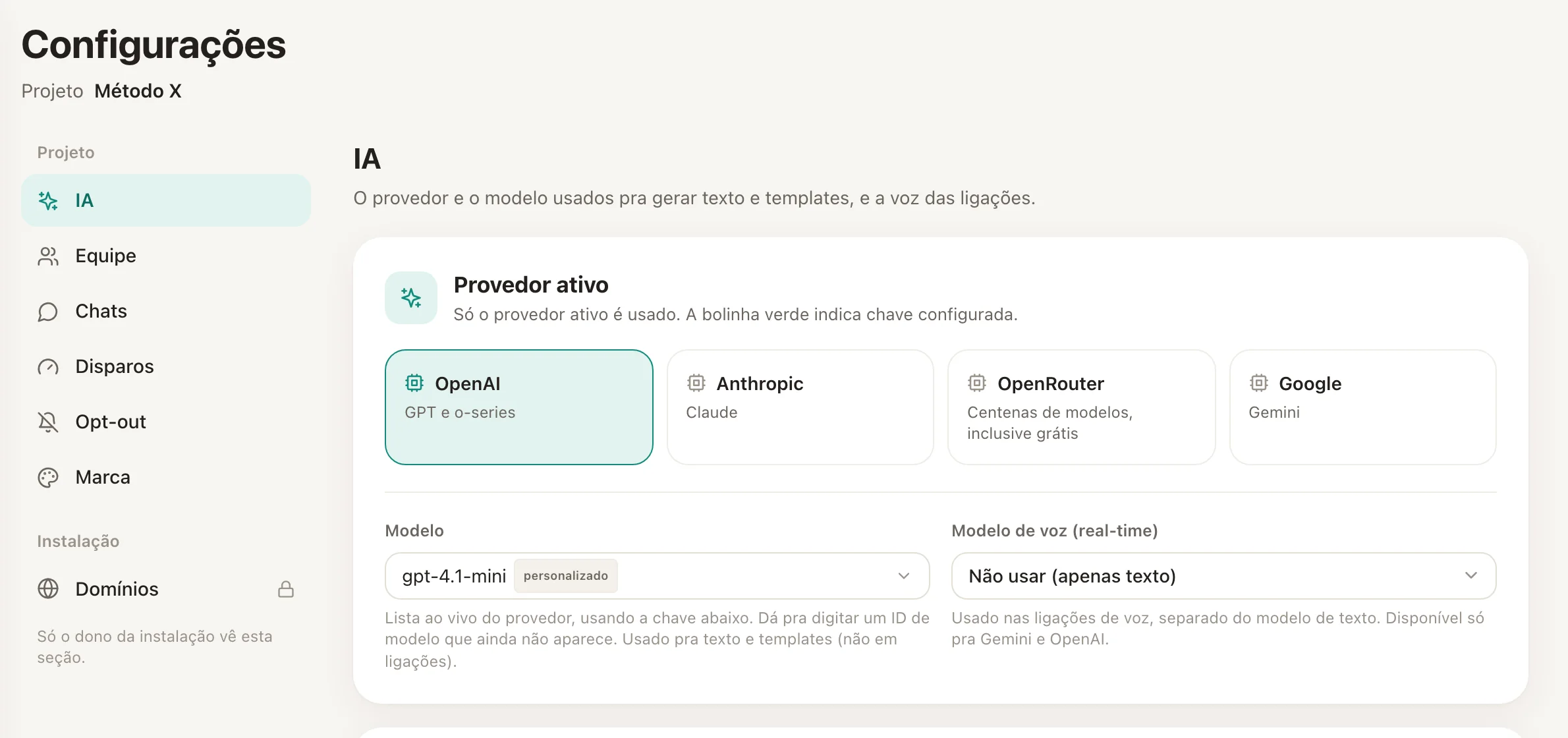 As abas de Configurações, com a aba IA aberta.