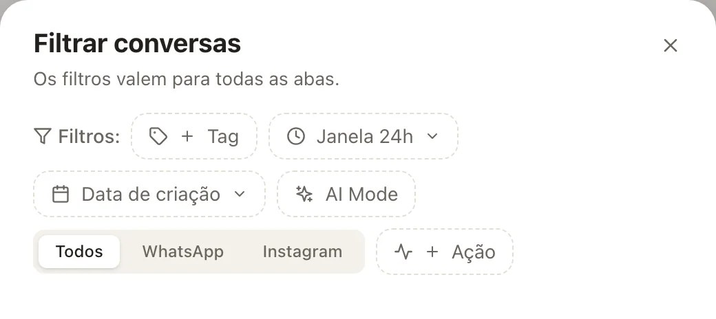 O painel Filtrar conversas. Cada botão abre as opções daquele filtro.