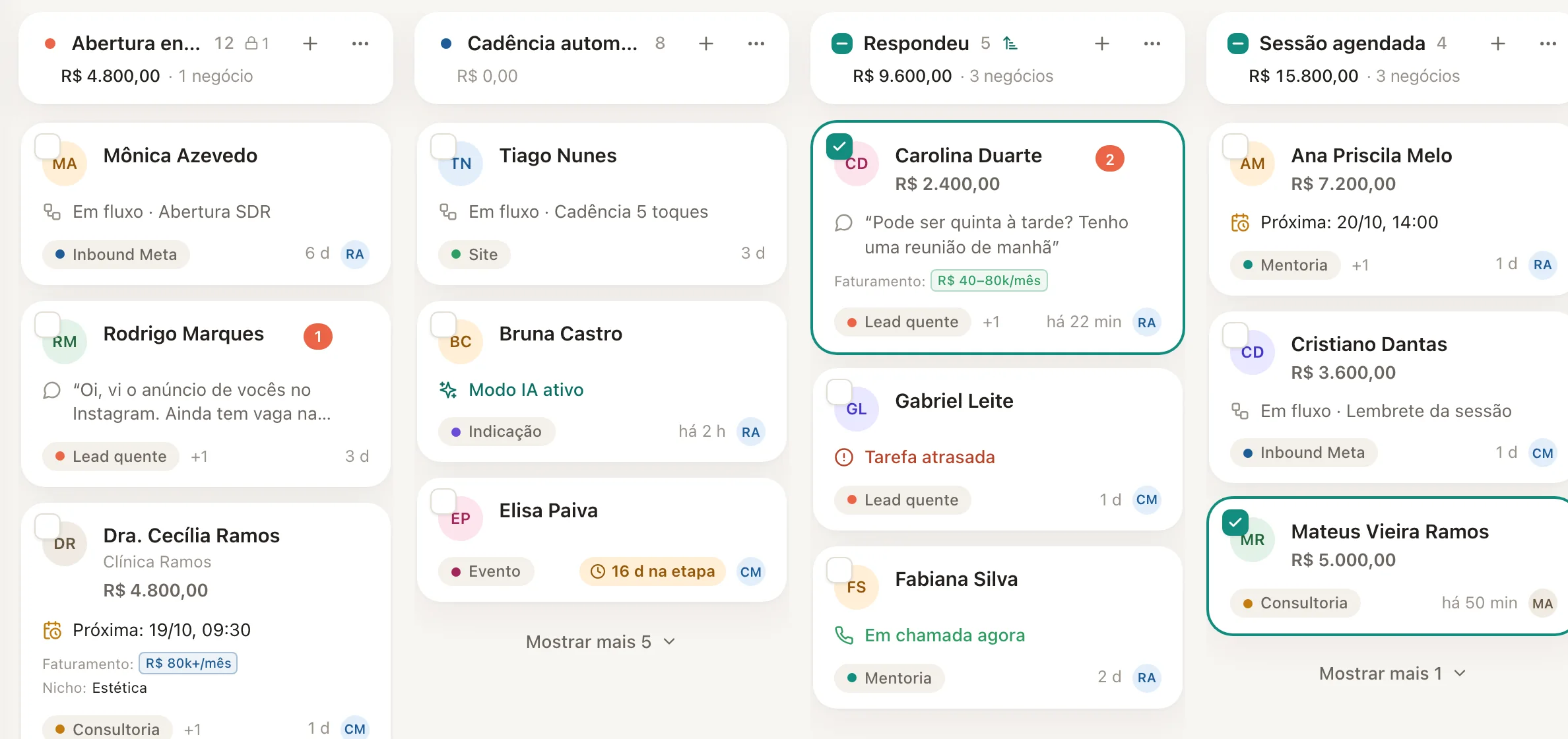 Colunas e cards do quadro. O + e o … de cada coluna ficam no topo dela.