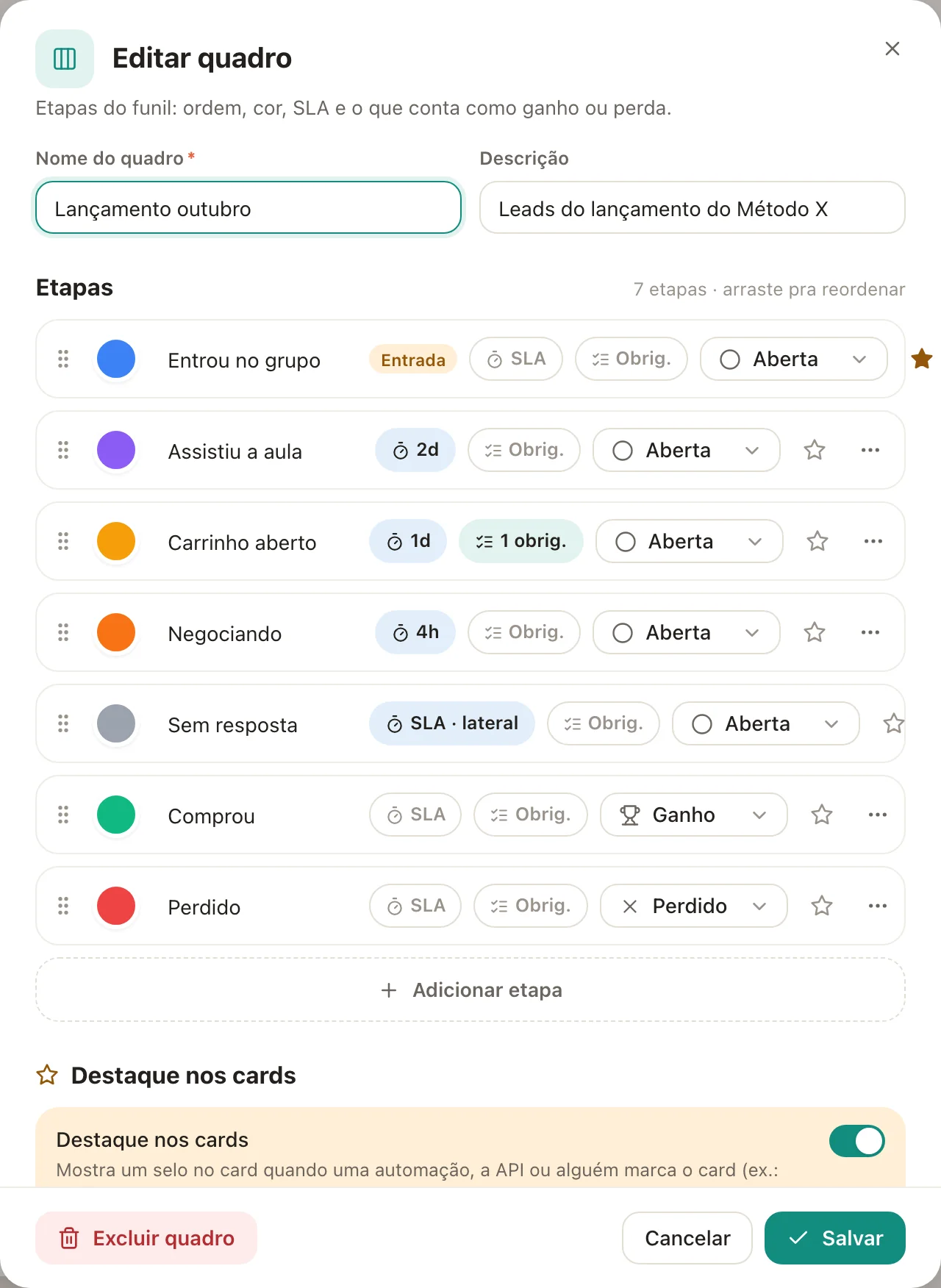 A folha Editar quadro com as etapas de um lançamento.