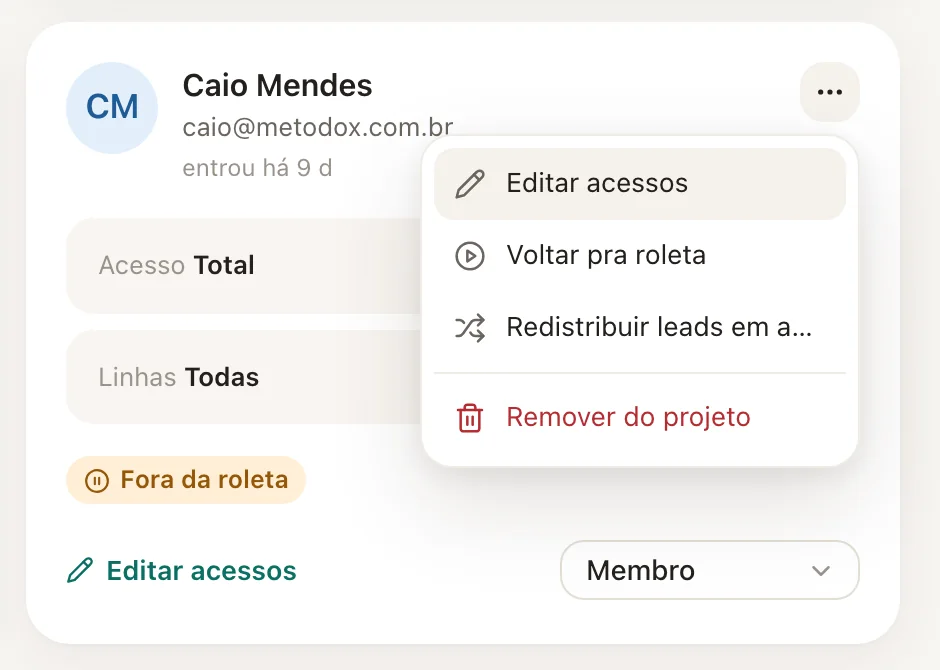 Menu de uma pessoa que já está fora da roleta.