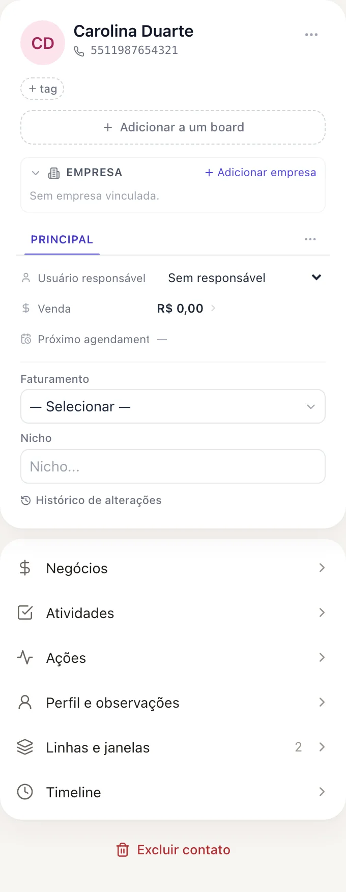 O topo da ficha: tags, quadro, empresa e campos.
