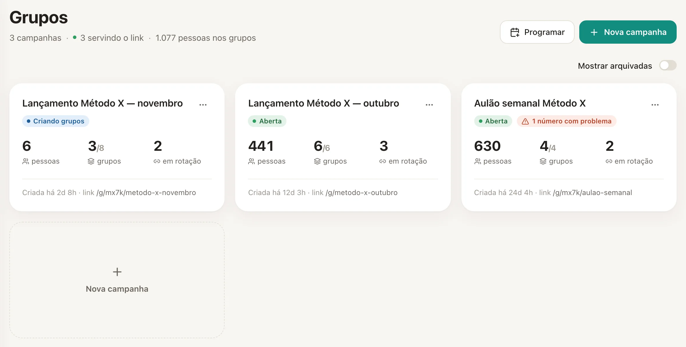 A lista de campanhas, com pessoas, grupos e quantos estão em rotação.