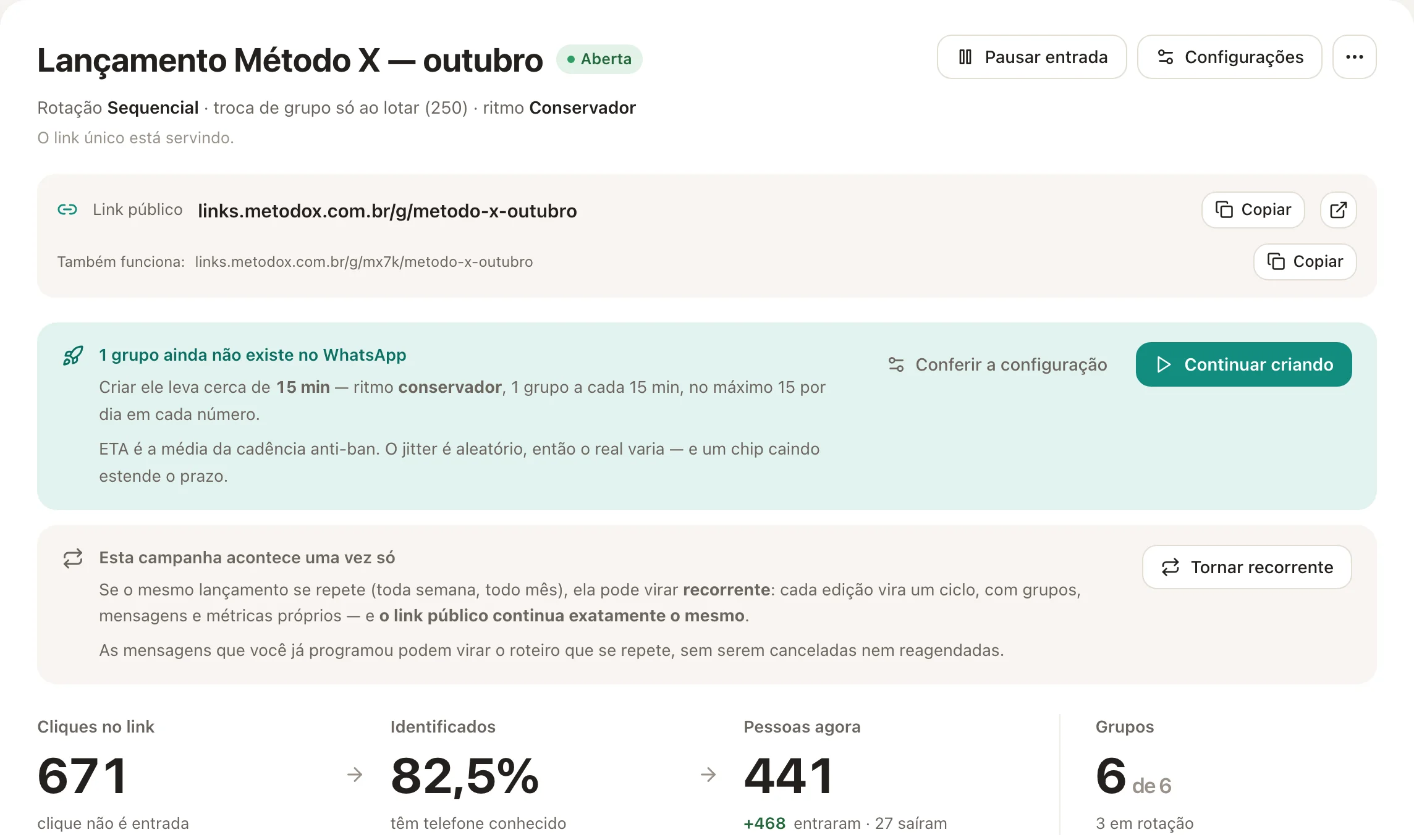 O painel da campanha: link público, cliques, identificados e pessoas agora.