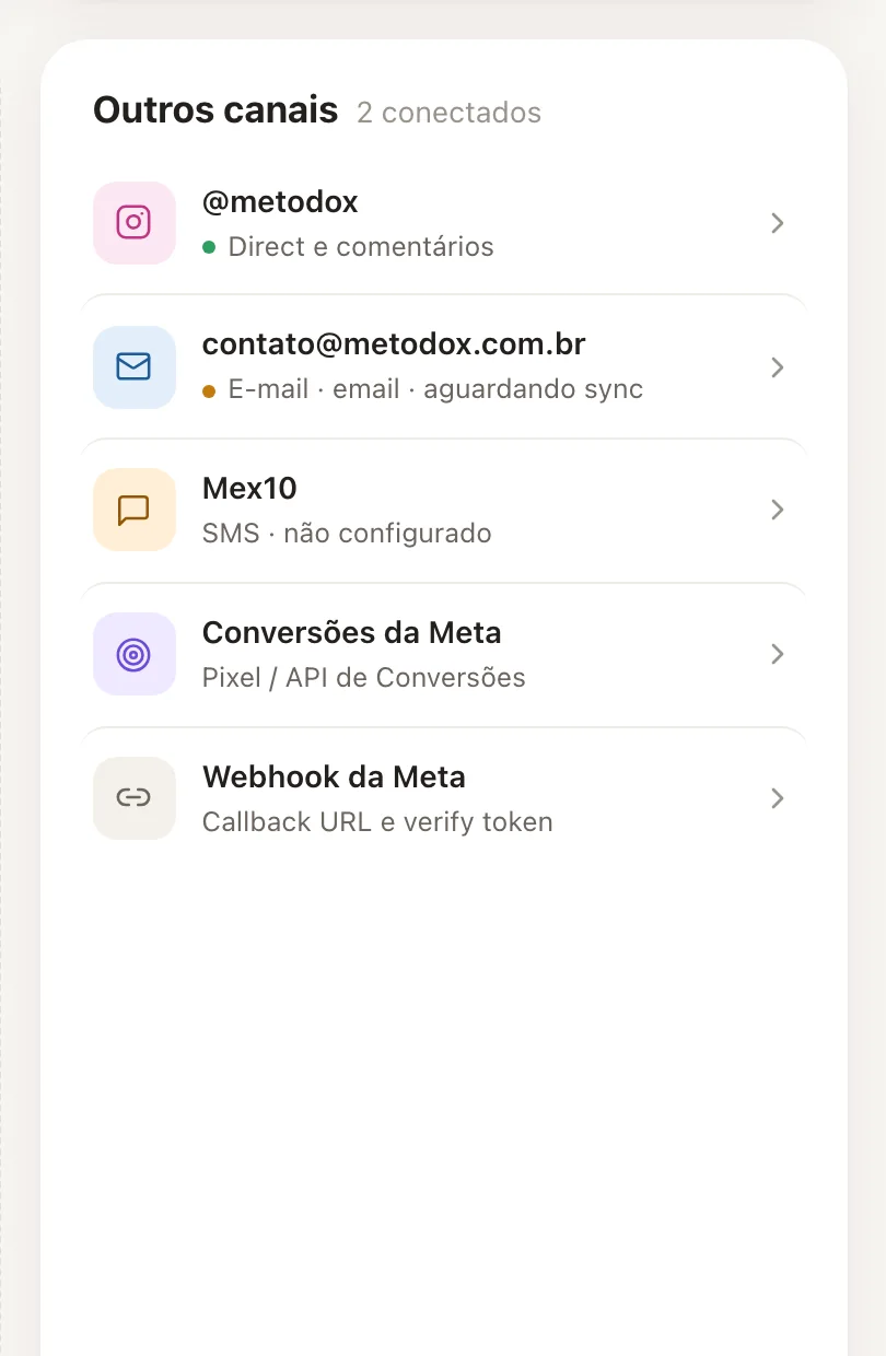 A conta conectada aparece em Outros canais.