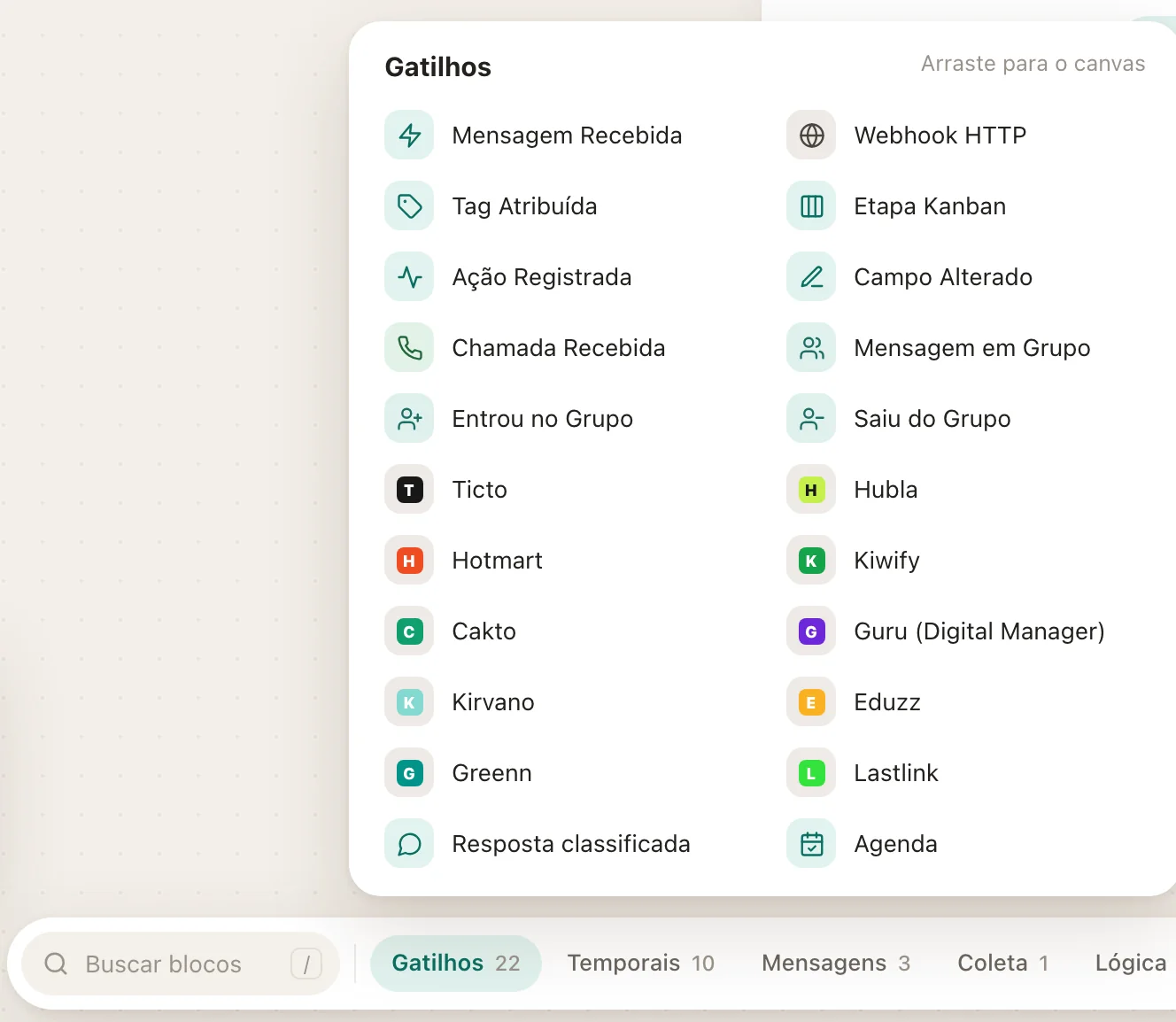 Os gatilhos de integração ficam na aba Gatilhos do rodapé do editor.