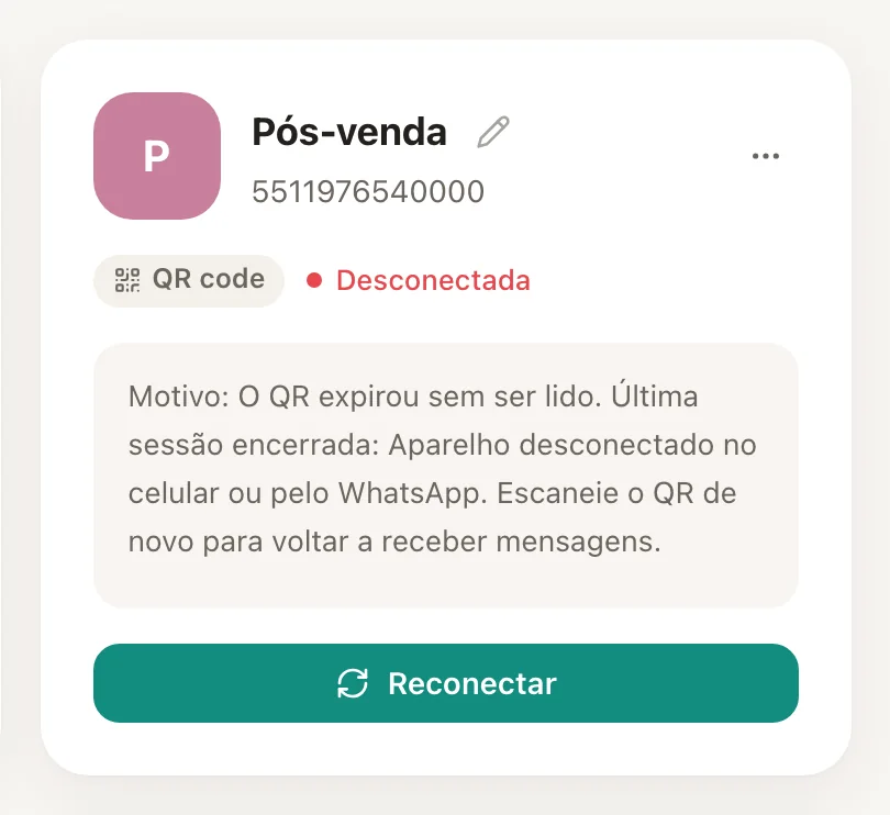 Linha QR desconectada, com o motivo e o botão Reconectar.