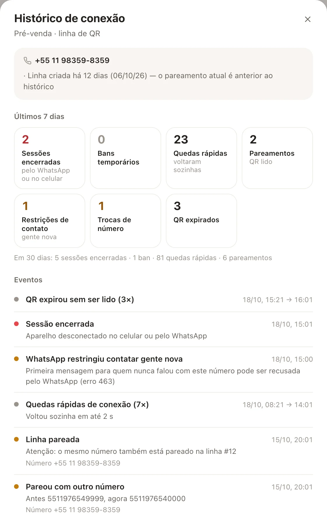 O Histórico de conexão mostra bans temporários, quedas e pareamentos.