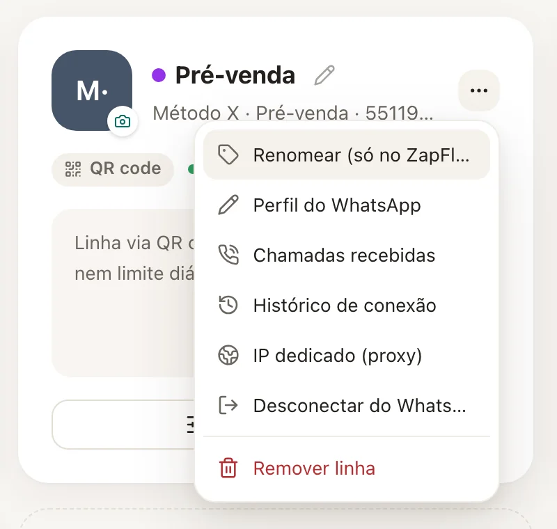 O menu de três pontos de uma linha QR conectada.