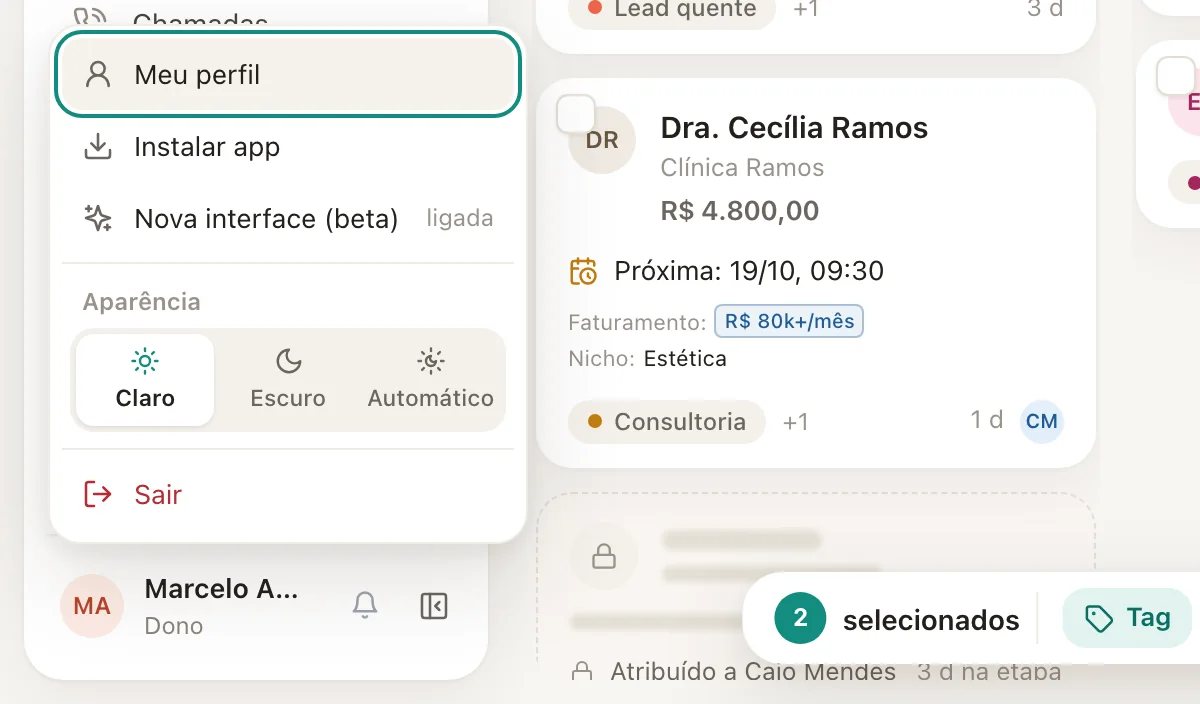 O menu da conta, aberto pelo nome no rodapé.